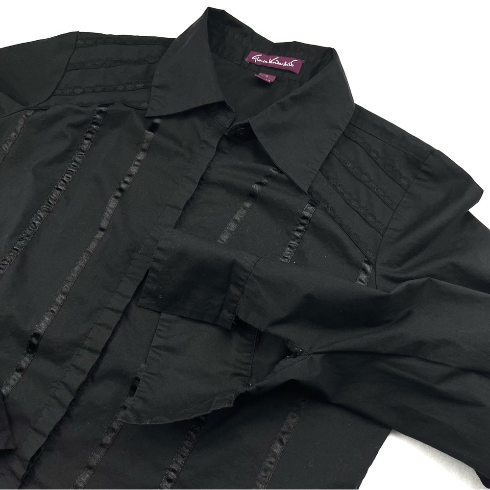 Gloria Vanderbilt Womens Long Sleeve Shirt L Pintuck Black Collared Button Flare